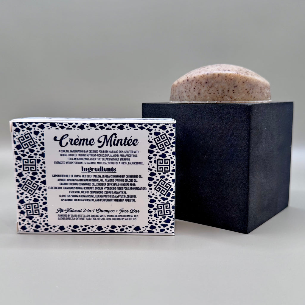 Bar of soap with packaging labeled 'Crème Minté' on a gray background