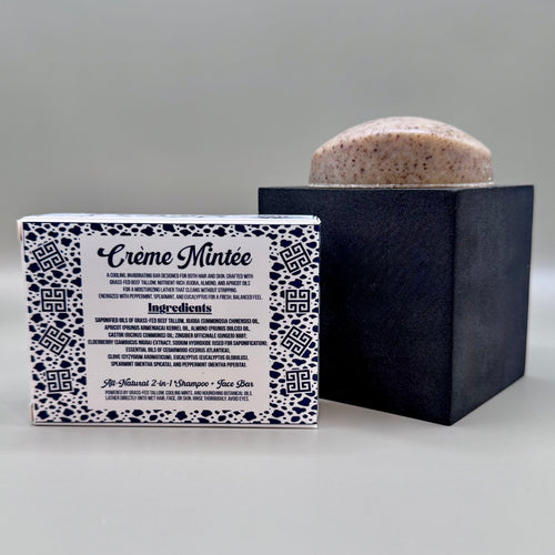 Bar of soap with packaging labeled 'Crème Minté' on a gray background