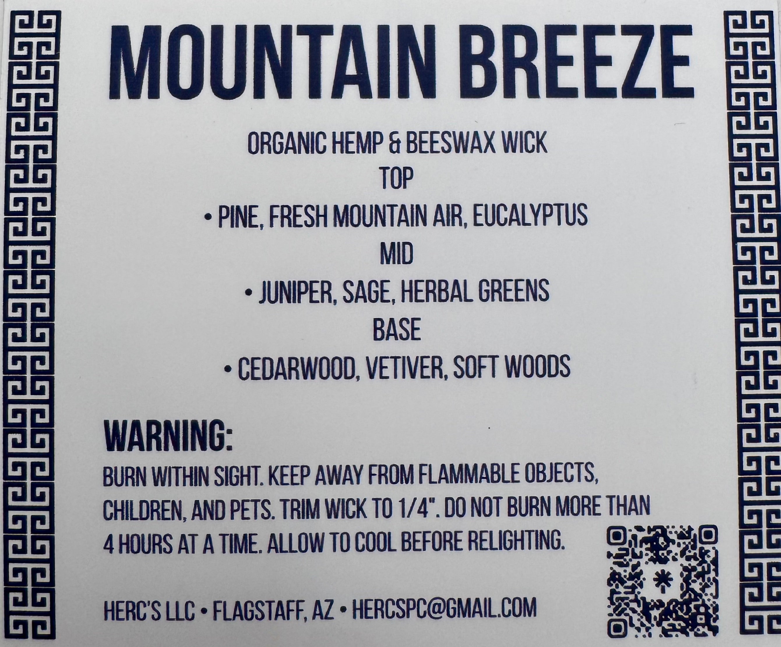 Mountain Breeze candle label with product description and warning details.